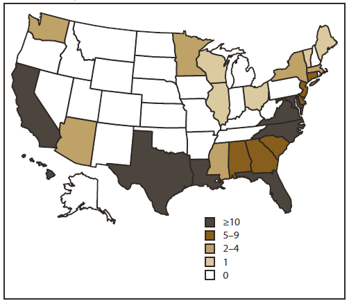 The figure shows a map of the United States indicating where the 236 reported cases of vibriosis associated with recreational water exposure occurred during 2007-2008. The numbers shown by state are largely dependent on surveillance and reporting activities in individual states and do not necessarily indicate the true incidence of vibriosis cases.